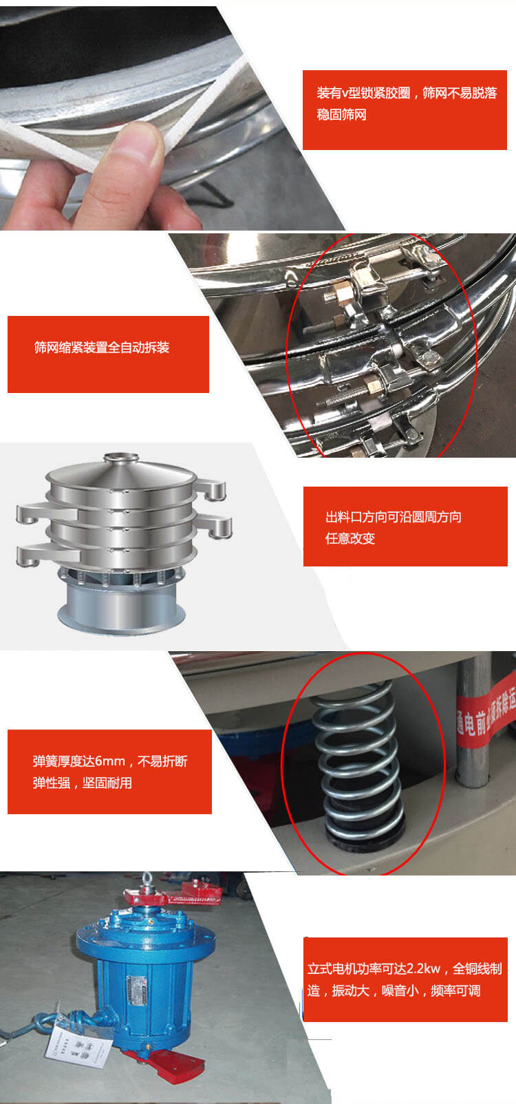 裝有V型鎖緊膠圈,使篩網(wǎng)不易脫落穩(wěn)固篩網(wǎng),篩網(wǎng)鎖緊裝置,全自動拆裝,出料口方向可沿圓周方向任意改變。彈簧厚度達(dá)6mm,不易折斷,彈性強(qiáng),堅固耐用。專業(yè)的振動電機(jī),全銅線制造,振動大,機(jī)械噪音小,頻率可調(diào)。產(chǎn)品對比:材質(zhì):大漢振動篩廠家采用304不銹鋼材質(zhì)耐腐蝕性,耐熱性強(qiáng)。個別廠家采用其它金屬材質(zhì),耐腐蝕性,耐熱性差蒸發(fā)緩慢,烘干效率較低。大漢振動篩廠家采用金屬編織網(wǎng),篩分精度高,效率高,篩網(wǎng)利用率高。