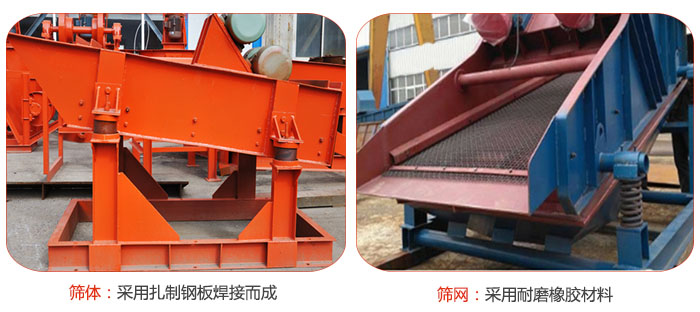 礦用振動篩特點：篩體采用扎制鋼板焊接而成，篩網采用耐磨橡膠材質