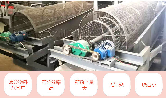滾筒篩分機主要特點：篩分物料范圍廣，篩分效率高，篩分產(chǎn)量大，無污染，噪音小。