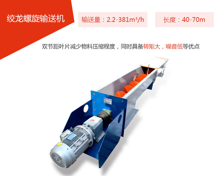 絞龍螺旋輸送機輸送量:2.2-381m3/h 長度:40-70m 雙節距葉片減少物料壓縮程度,同時具備轉矩大,噪音低等優點。