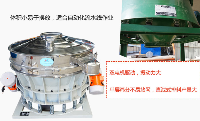 雙電機(jī)驅(qū)動(dòng)，振動(dòng)力大，單層篩分不易堵網(wǎng)，直泄式排料產(chǎn)量大