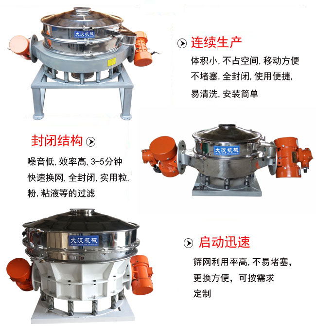 直徑1000mm直排篩特點(diǎn):連續(xù)生產(chǎn):體積小,不占空間,移動(dòng)方便,不堵塞,全封閉,使用便捷,易清洗,安裝簡(jiǎn)單。封閉結(jié)構(gòu):噪音低,效率高,3-5分鐘,快速換網(wǎng),全封閉,實(shí)用粒,粉粘液等的過(guò)濾。啟動(dòng)迅速:篩網(wǎng)利用率高,不易堵塞,更換方便,可按需求定制。