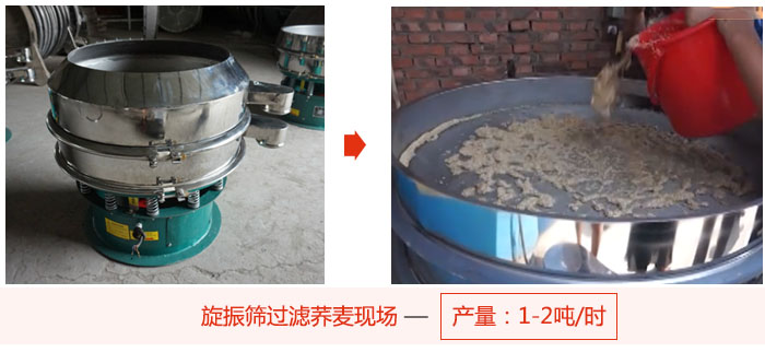 旋振篩過濾蕎麥現(xiàn)場，產(chǎn)量可達(dá)2噸每小時。
