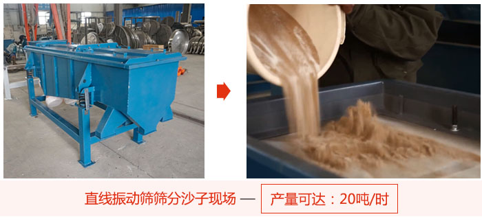 直線振動篩篩分沙子現(xiàn)場展示，產(chǎn)量高達(dá)20噸每小時。